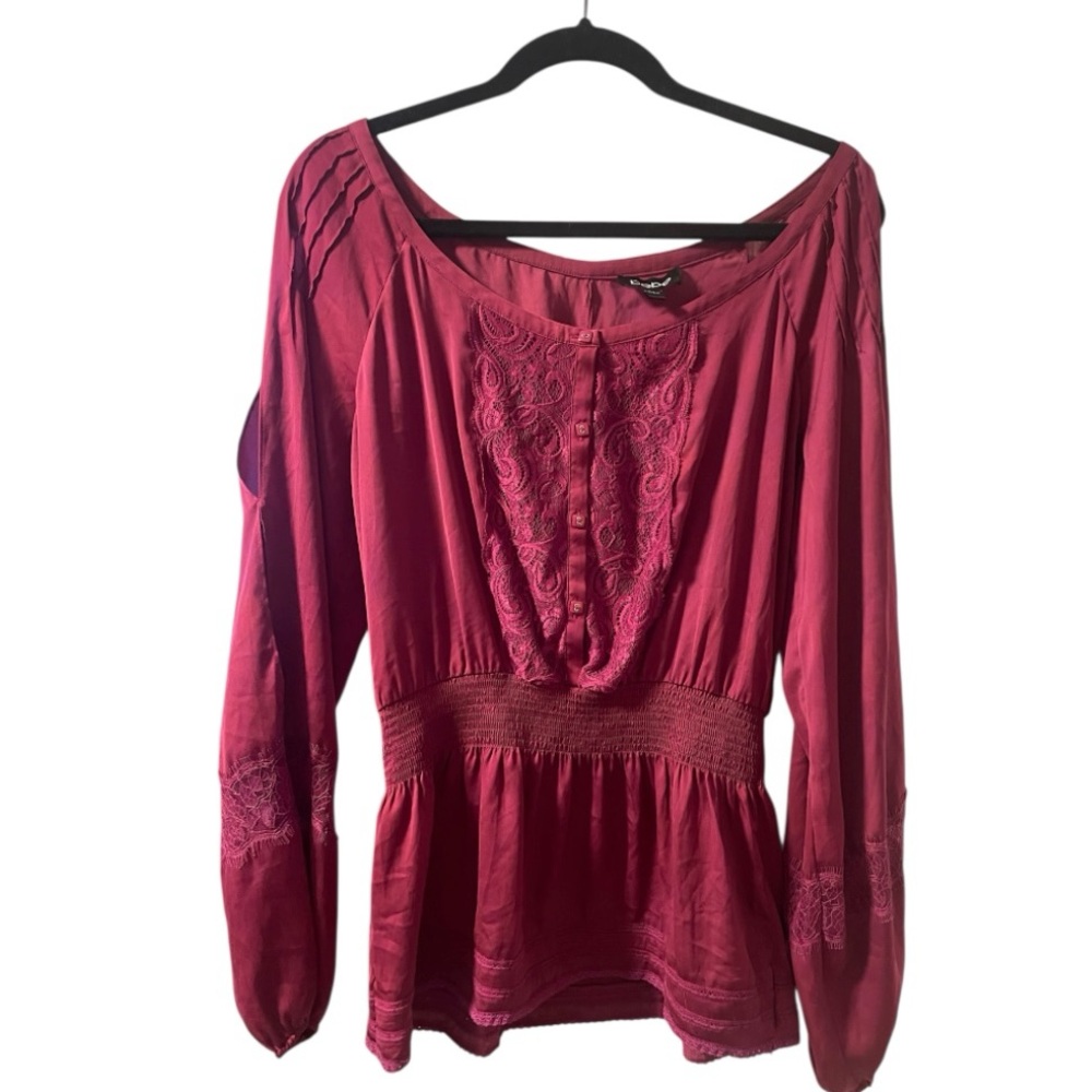 Bebe Purple Long Sleeve Smocked Peplum Blouse - Picture 3 of 11